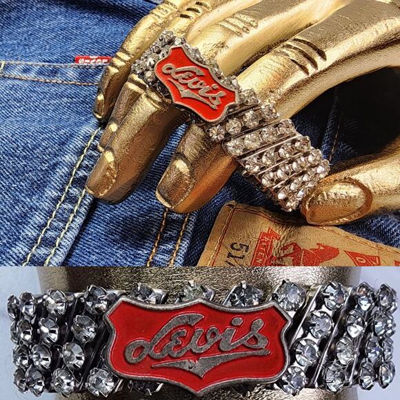 Artisan Vintage Levi Pin Rhinestone Bracelet | 1960s Stretch Statement - Picture 2 of 11